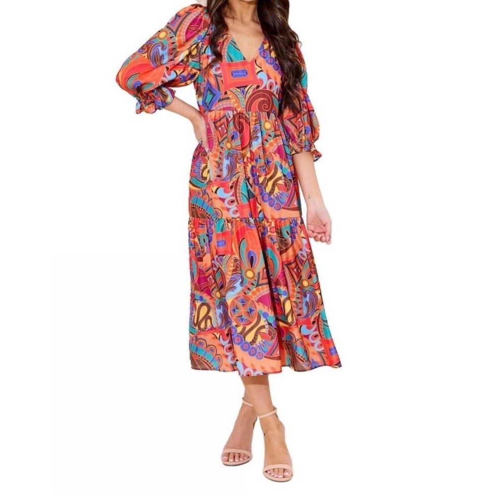 Alden Adair Frances Midi Dress XS Colorful Jewel‎ Box Puff Sleeve Party Cruise